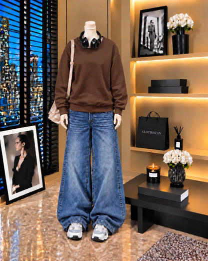 Premium Sweatshirt & Mid blue Vintage Wide-Leg Jeans Pack of Two