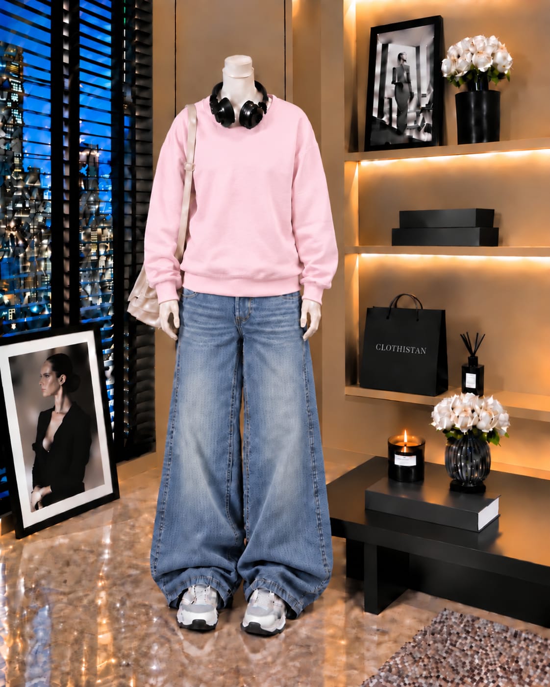 Premium Sweatshirt & Sky blue Vintage Wide-Leg Jeans Pack of Two