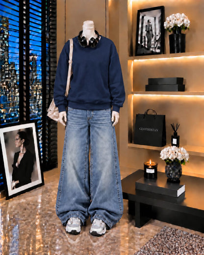 Premium Sweatshirt & Sky blue Vintage Wide-Leg Jeans Pack of Two