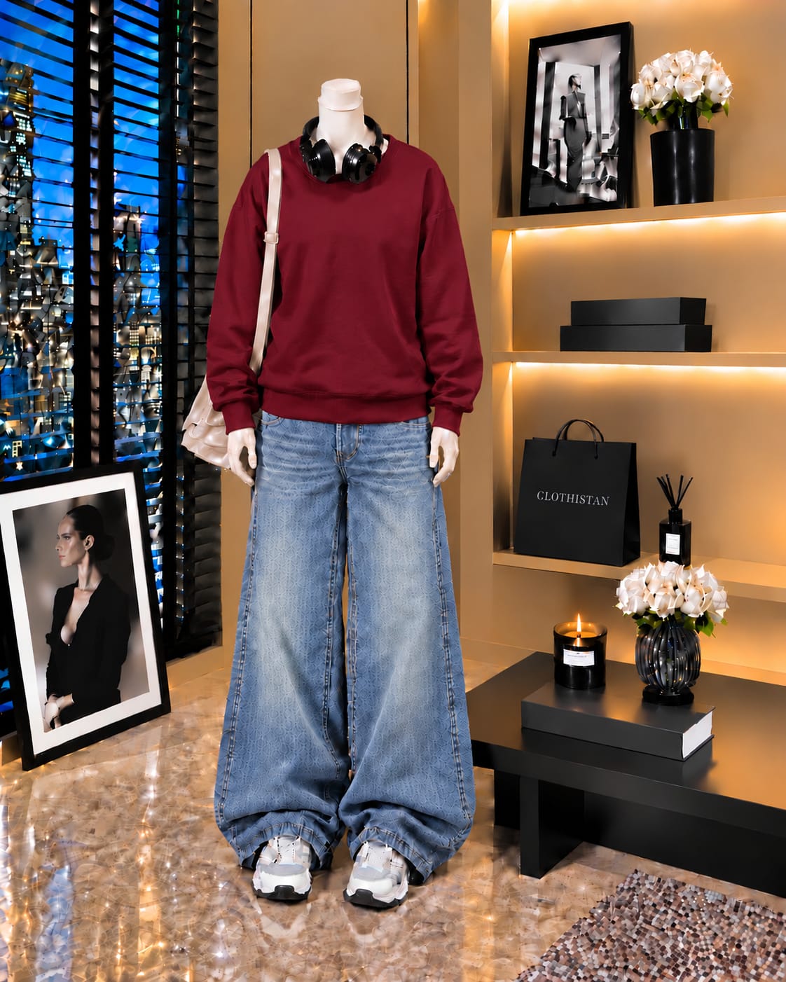 Premium Sweatshirt & Sky blue Vintage Wide-Leg Jeans Pack of Two