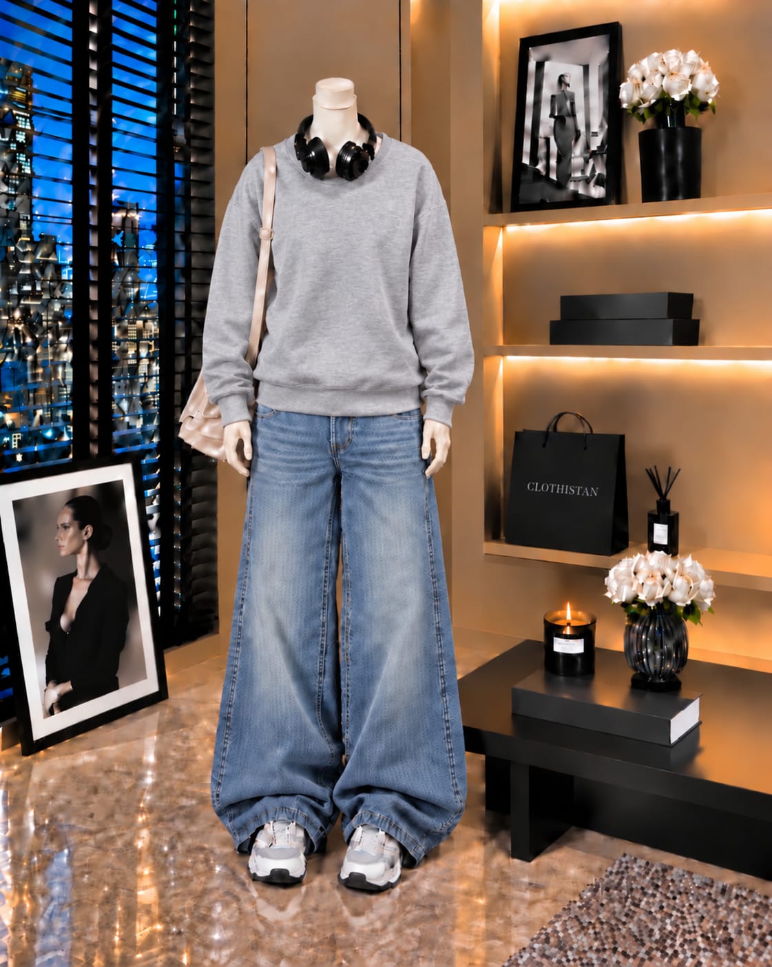 Premium Sweatshirt & Sky blue Vintage Wide-Leg Jeans Pack of Two
