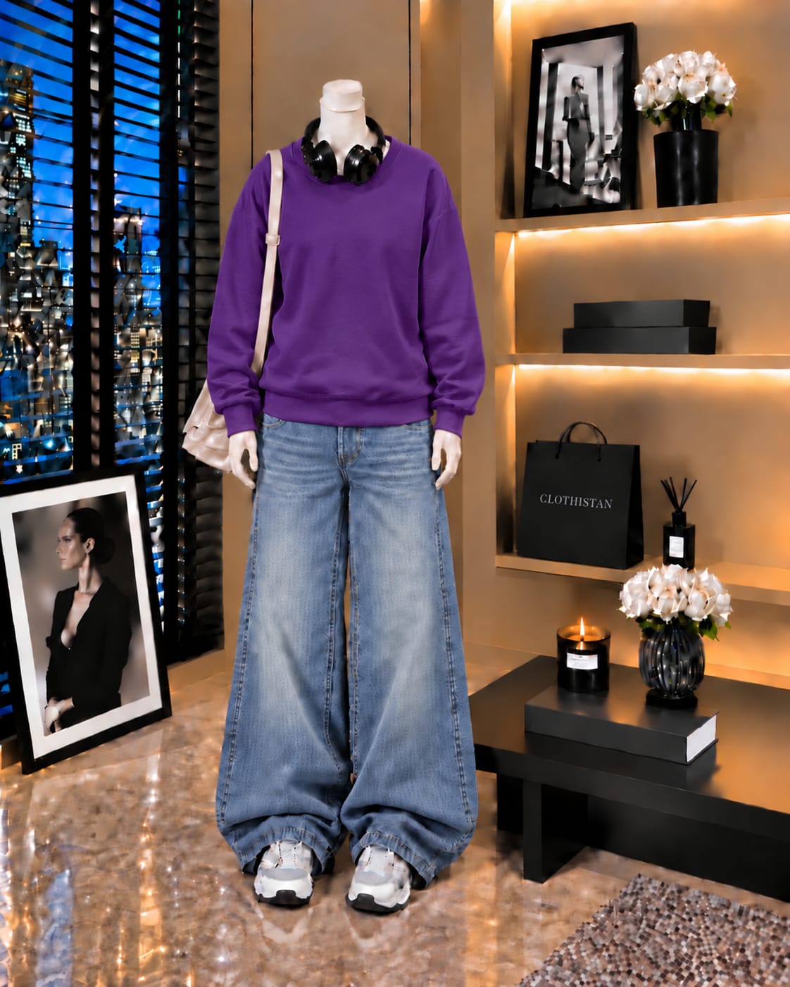 Premium Sweatshirt & Sky blue Vintage Wide-Leg Jeans Pack of Two