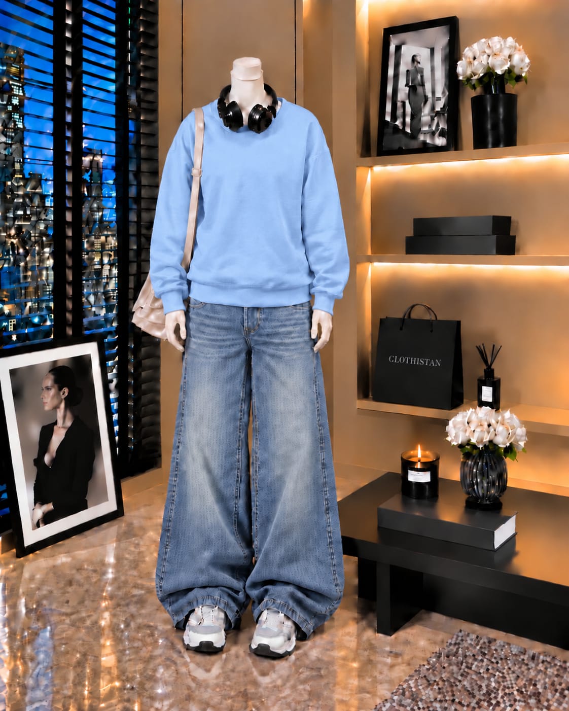 Premium Sweatshirt & Sky blue Vintage Wide-Leg Jeans Pack of Two