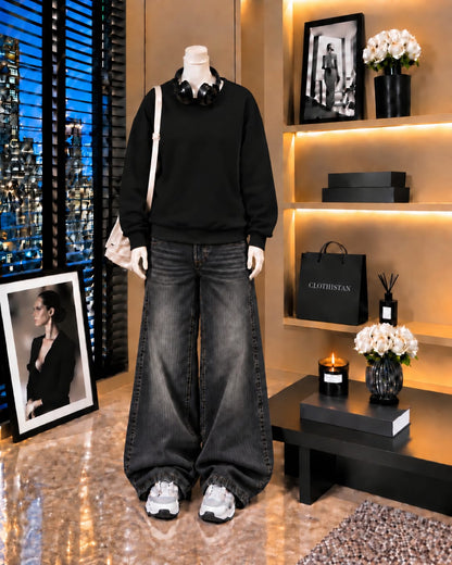 Premium Sweatshirt & Black Vintage Wide-Leg Jeans Pack of Two