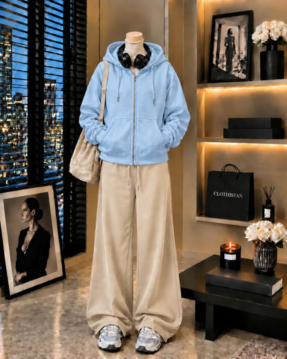 Premium Zipper Hoodie & Skin Wide-Leg Trouser Pack of Two