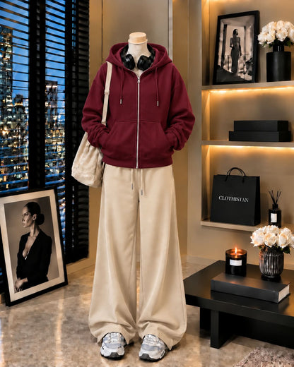 Premium Zipper Hoodie & Skin Wide-Leg Trouser Pack of Two