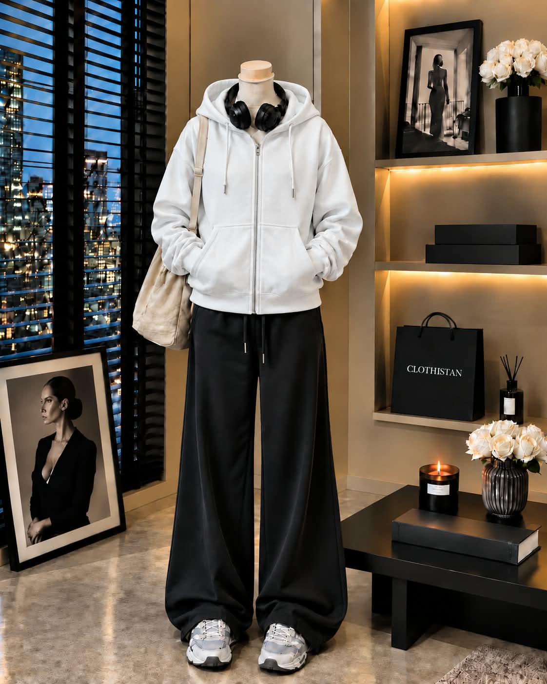 Premium Zipper Hoodie & Black Wide-Leg Trouser Pack of Two