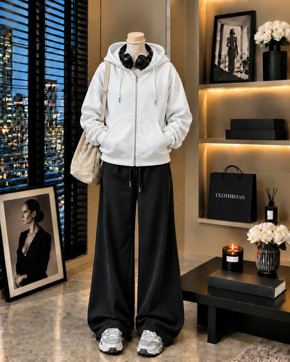 Premium Zipper Hoodie & Black Wide-Leg Trouser Pack of Two
