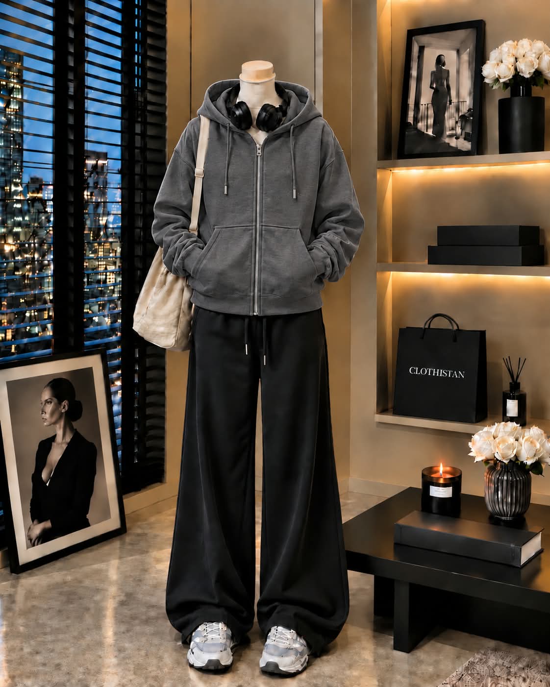 Premium Zipper Hoodie & Black Wide-Leg Trouser Pack of Two