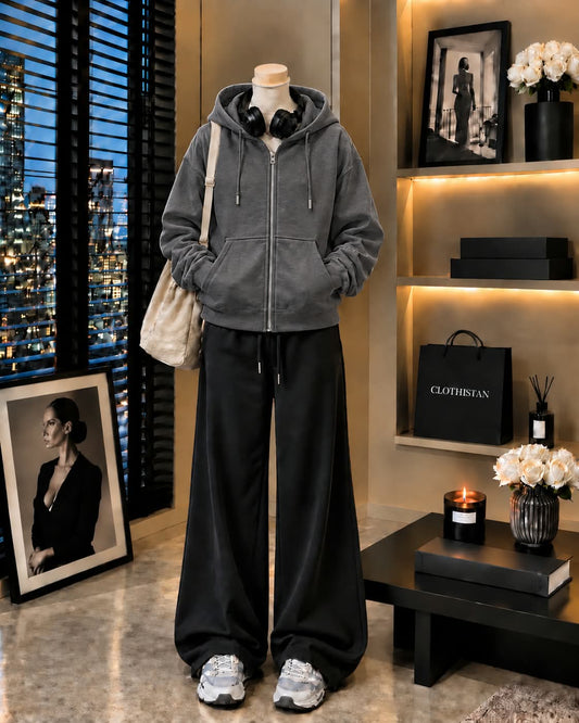 Premium Zipper Hoodie & Black Wide-Leg Trouser Pack of Two