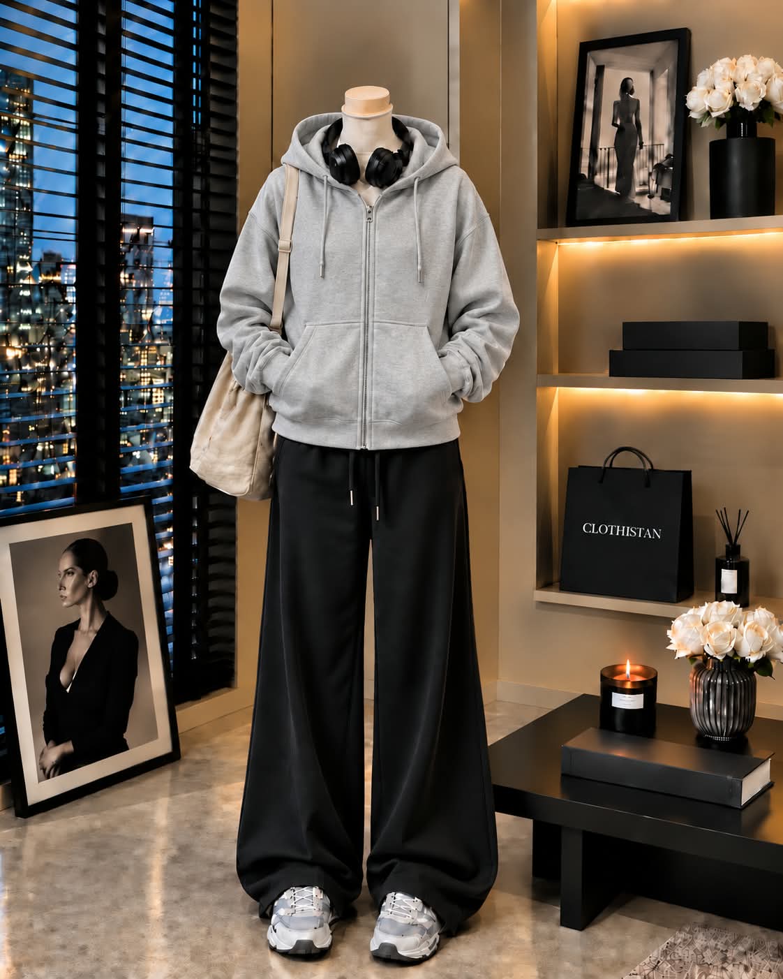 Premium Zipper Hoodie & Black Wide-Leg Trouser Pack of Two