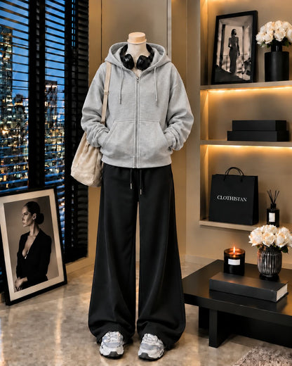 Premium Zipper Hoodie & Black Wide-Leg Trouser Pack of Two