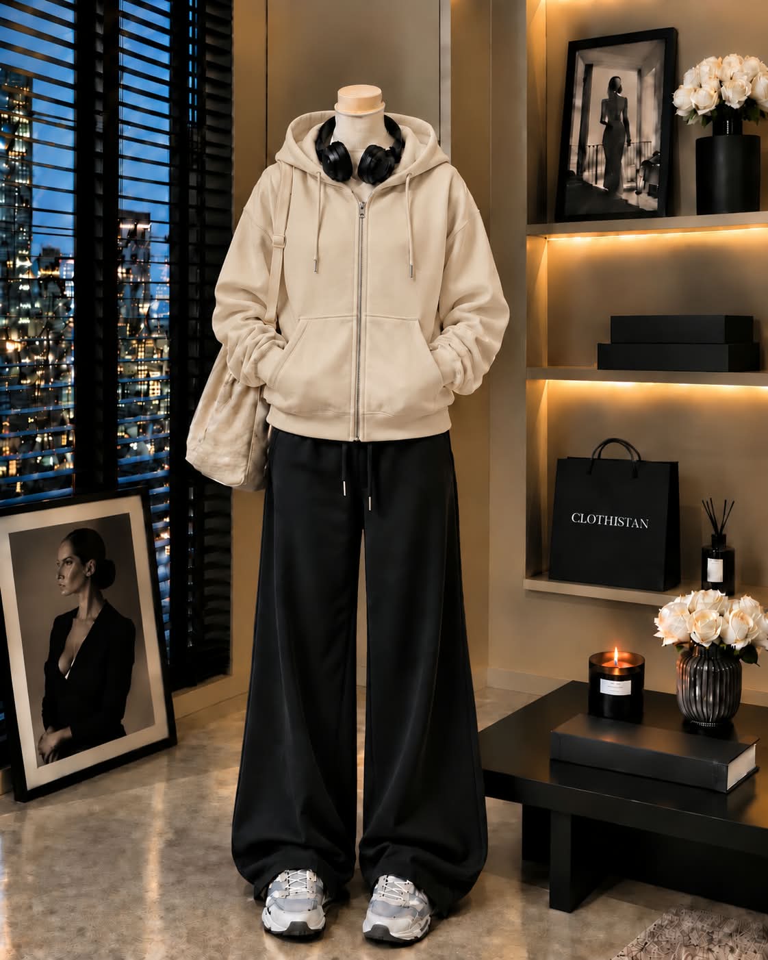 Premium Zipper Hoodie & Black Wide-Leg Trouser Pack of Two
