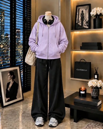 Premium Zipper Hoodie & Black Wide-Leg Trouser Pack of Two