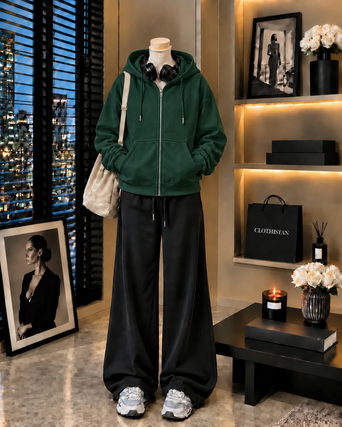 Premium Zipper Hoodie & Black Wide-Leg Trouser Pack of Two