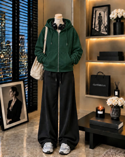 Premium Zipper Hoodie & Black Wide-Leg Trouser Pack of Two