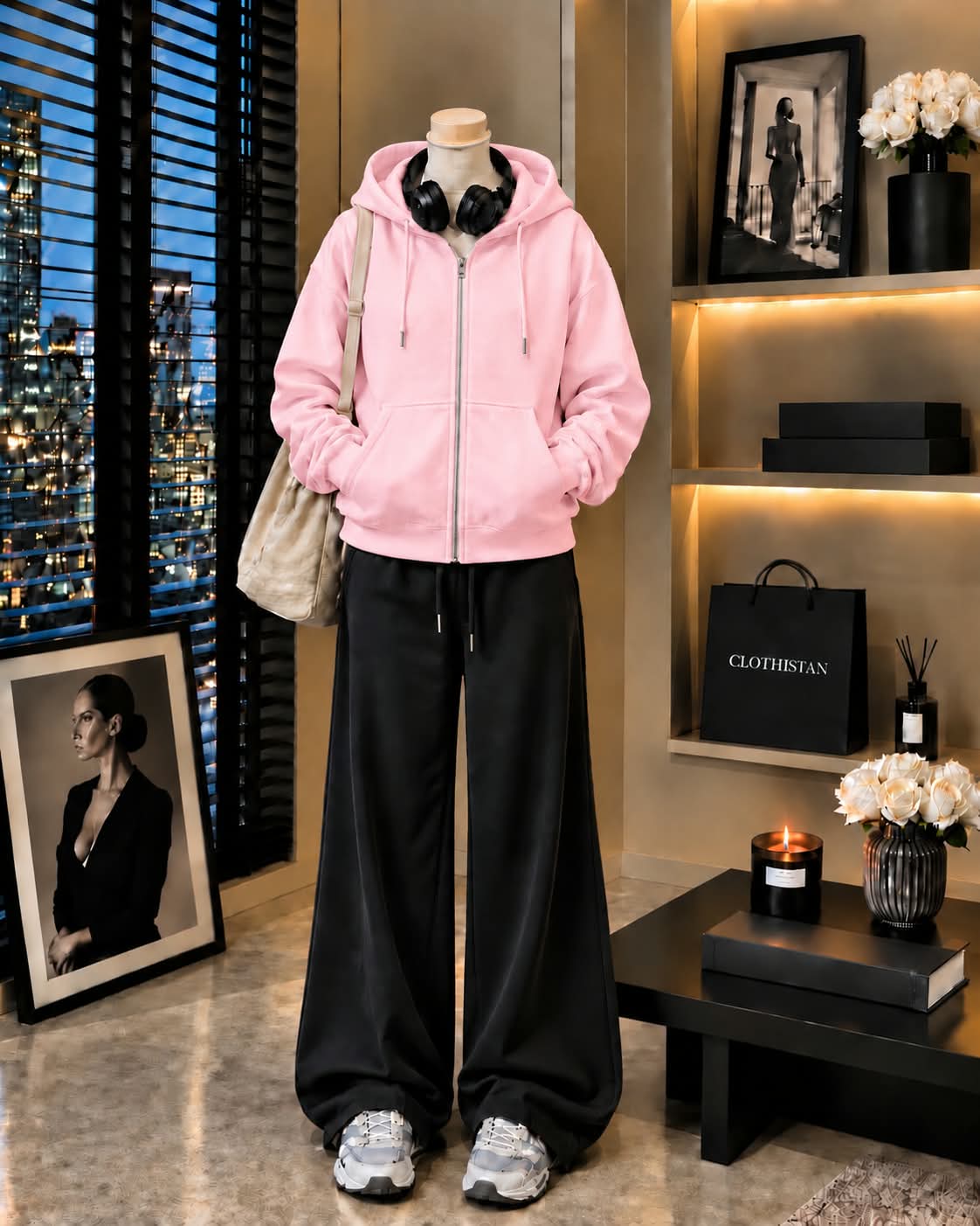 Premium Zipper Hoodie & Black Wide-Leg Trouser Pack of Two