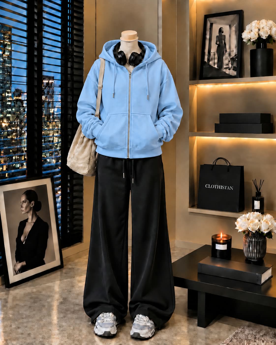 Premium Zipper Hoodie & Black Wide-Leg Trouser Pack of Two