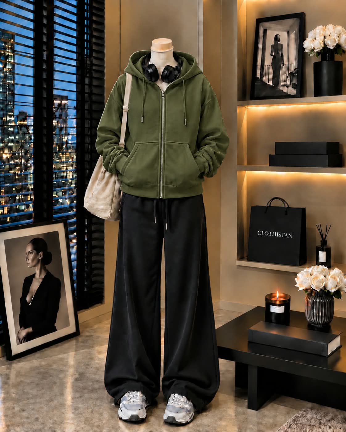 Premium Zipper Hoodie & Black Wide-Leg Trouser Pack of Two