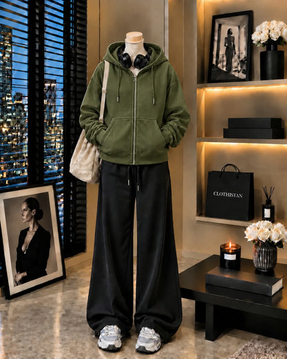 Premium Zipper Hoodie & Black Wide-Leg Trouser Pack of Two
