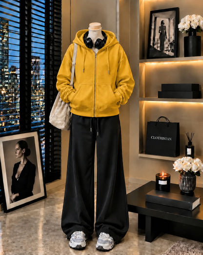 Premium Zipper Hoodie & Black Wide-Leg Trouser Pack of Two