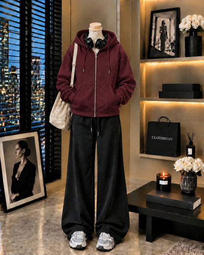 Premium Zipper Hoodie & Black Wide-Leg Trouser Pack of Two