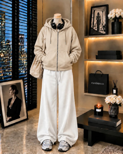 Premium Zipper Hoodie & White Wide-Leg Trouser Pack of Two