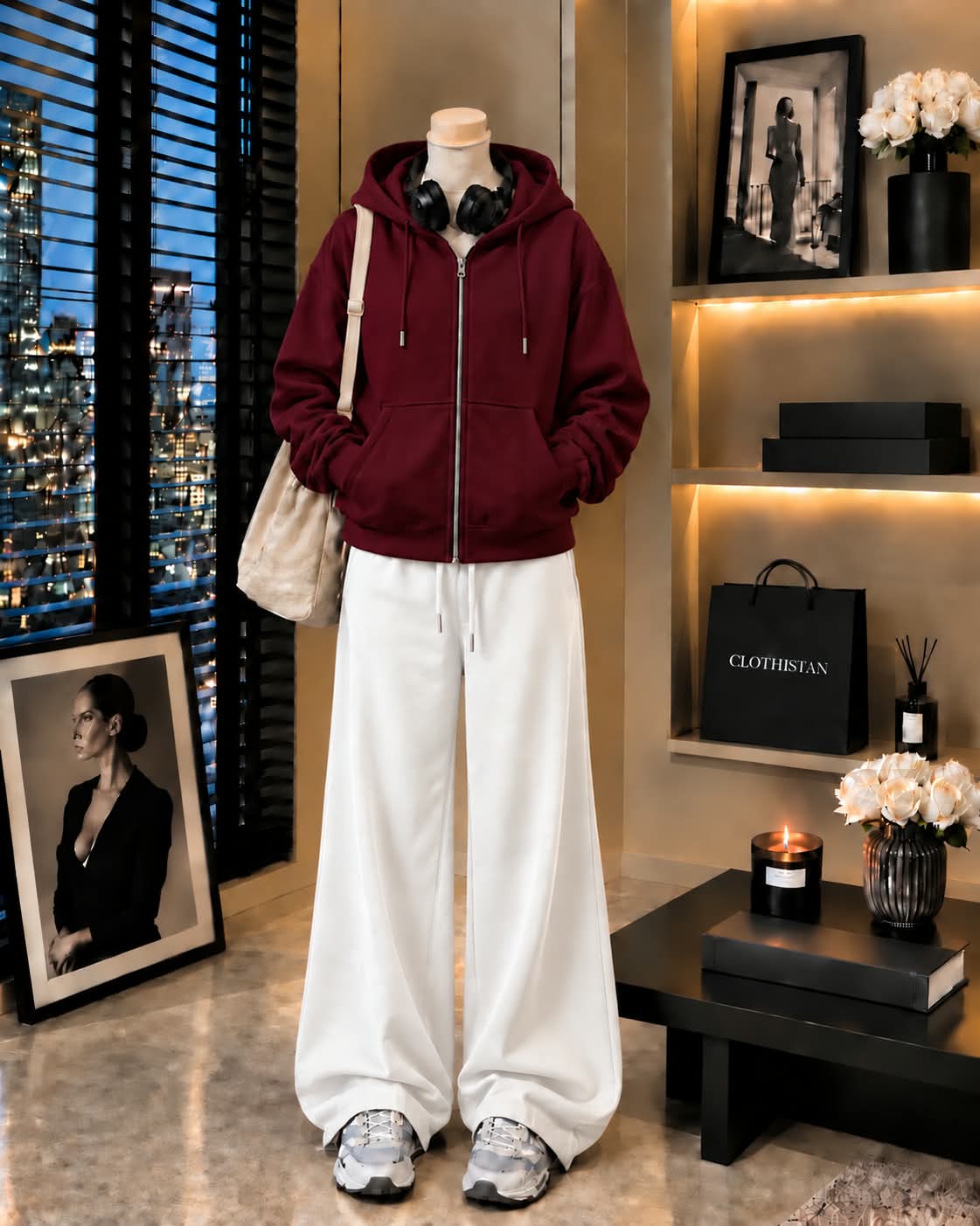 Premium Zipper Hoodie & White Wide-Leg Trouser Pack of Two