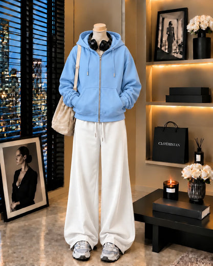 Premium Zipper Hoodie & White Wide-Leg Trouser Pack of Two