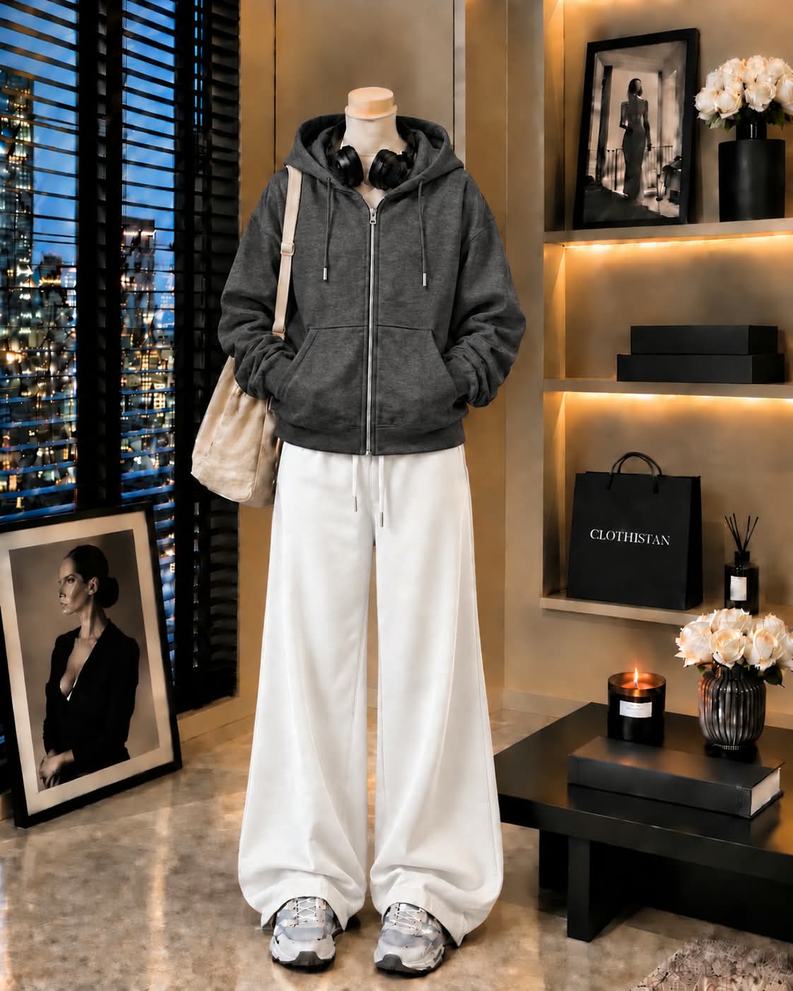 Premium Zipper Hoodie & White Wide-Leg Trouser Pack of Two