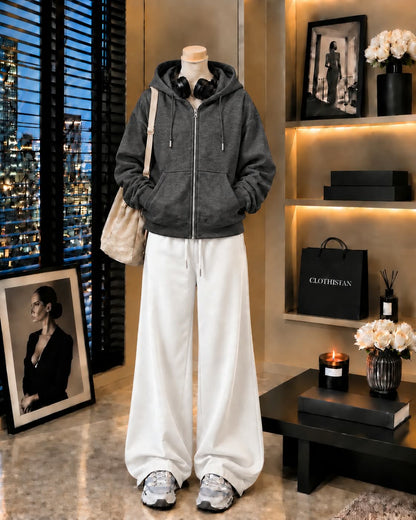 Premium Zipper Hoodie & White Wide-Leg Trouser Pack of Two