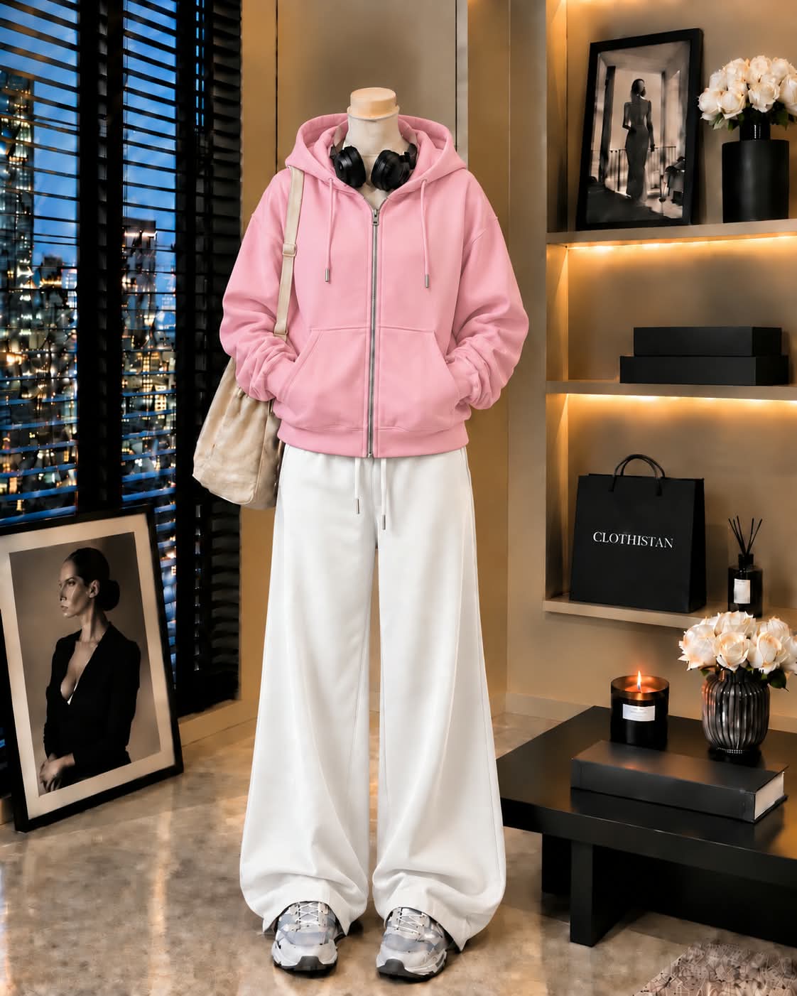Premium Zipper Hoodie & White Wide-Leg Trouser Pack of Two