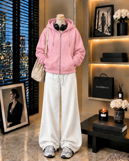 Premium Zipper Hoodie & White Wide-Leg Trouser Pack of Two