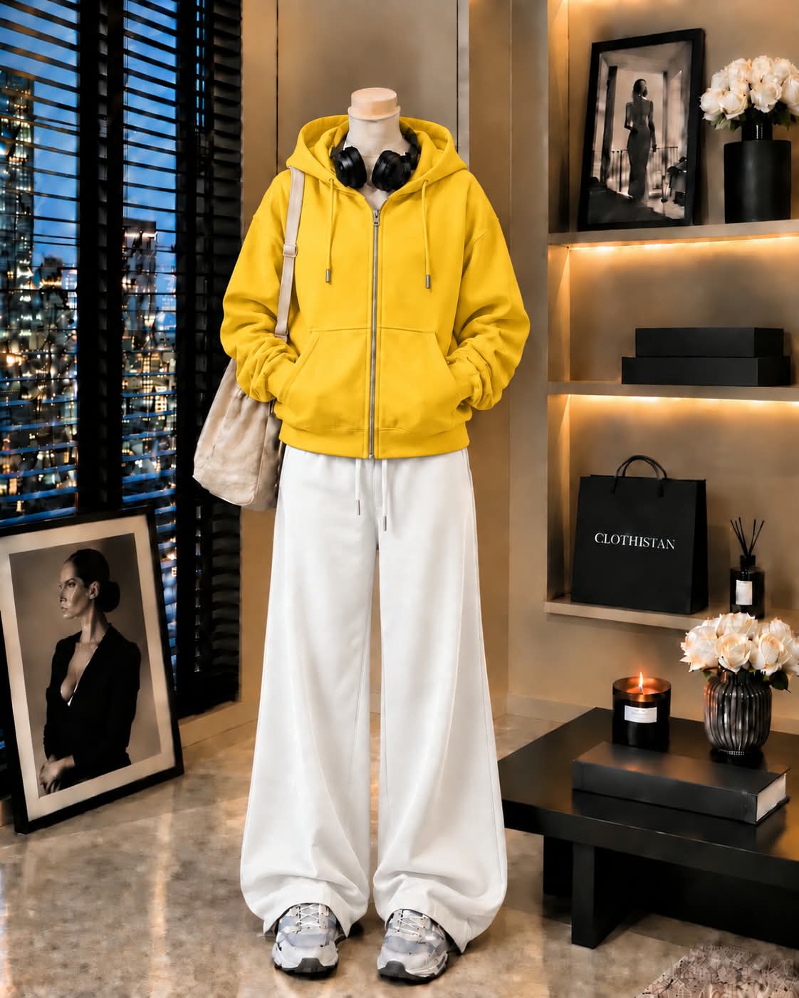 Premium Zipper Hoodie & White Wide-Leg Trouser Pack of Two