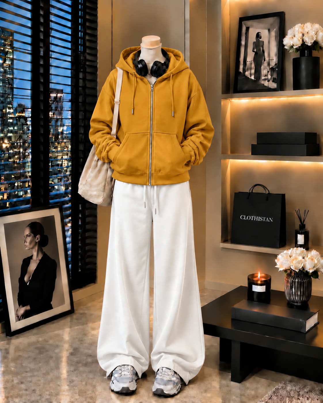 Premium Zipper Hoodie & White Wide-Leg Trouser Pack of Two