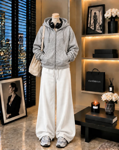 Premium Zipper Hoodie & White Wide-Leg Trouser Pack of Two
