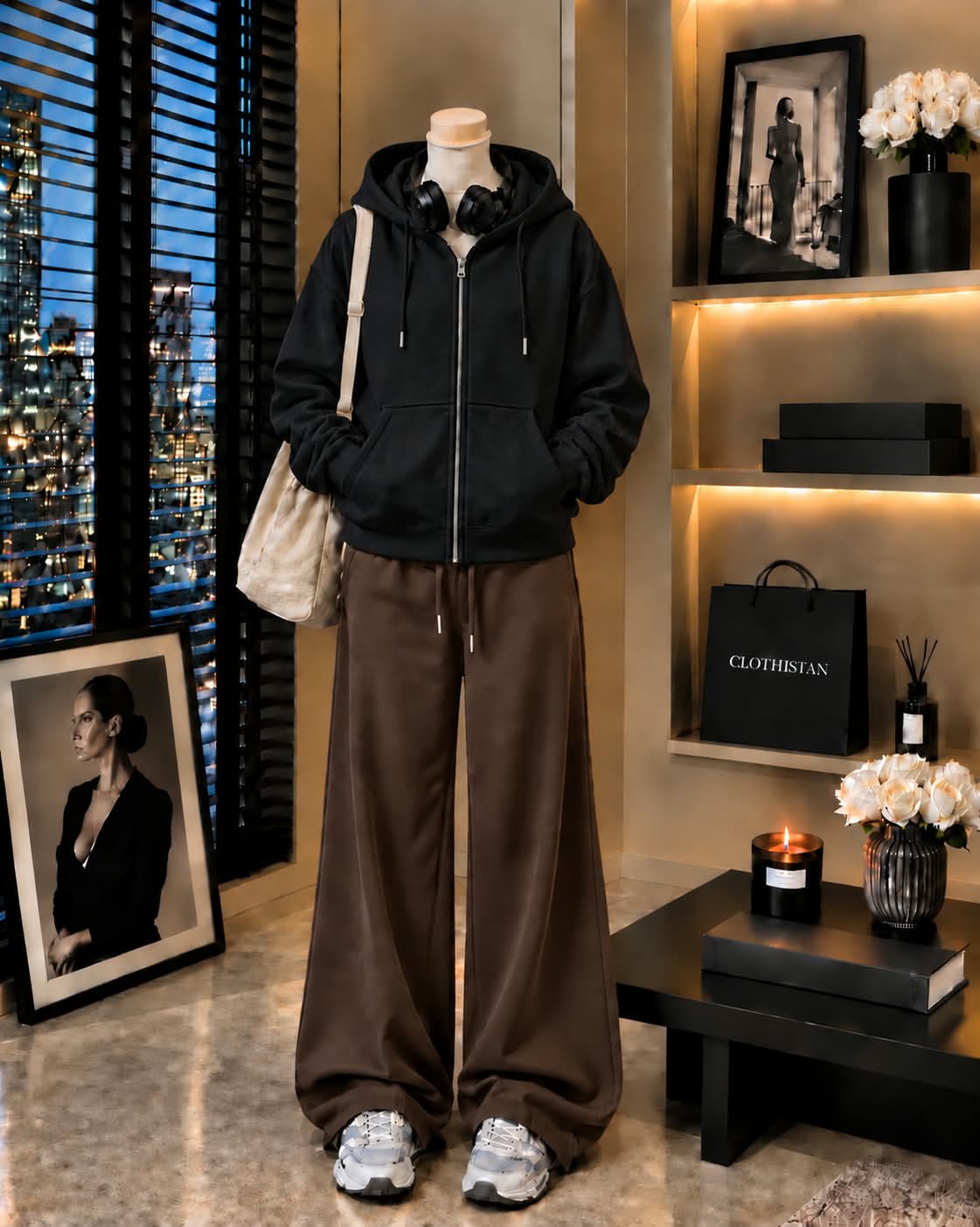 Premium Zipper Hoodie & Brown Wide-Leg Trouser Pack of Two
