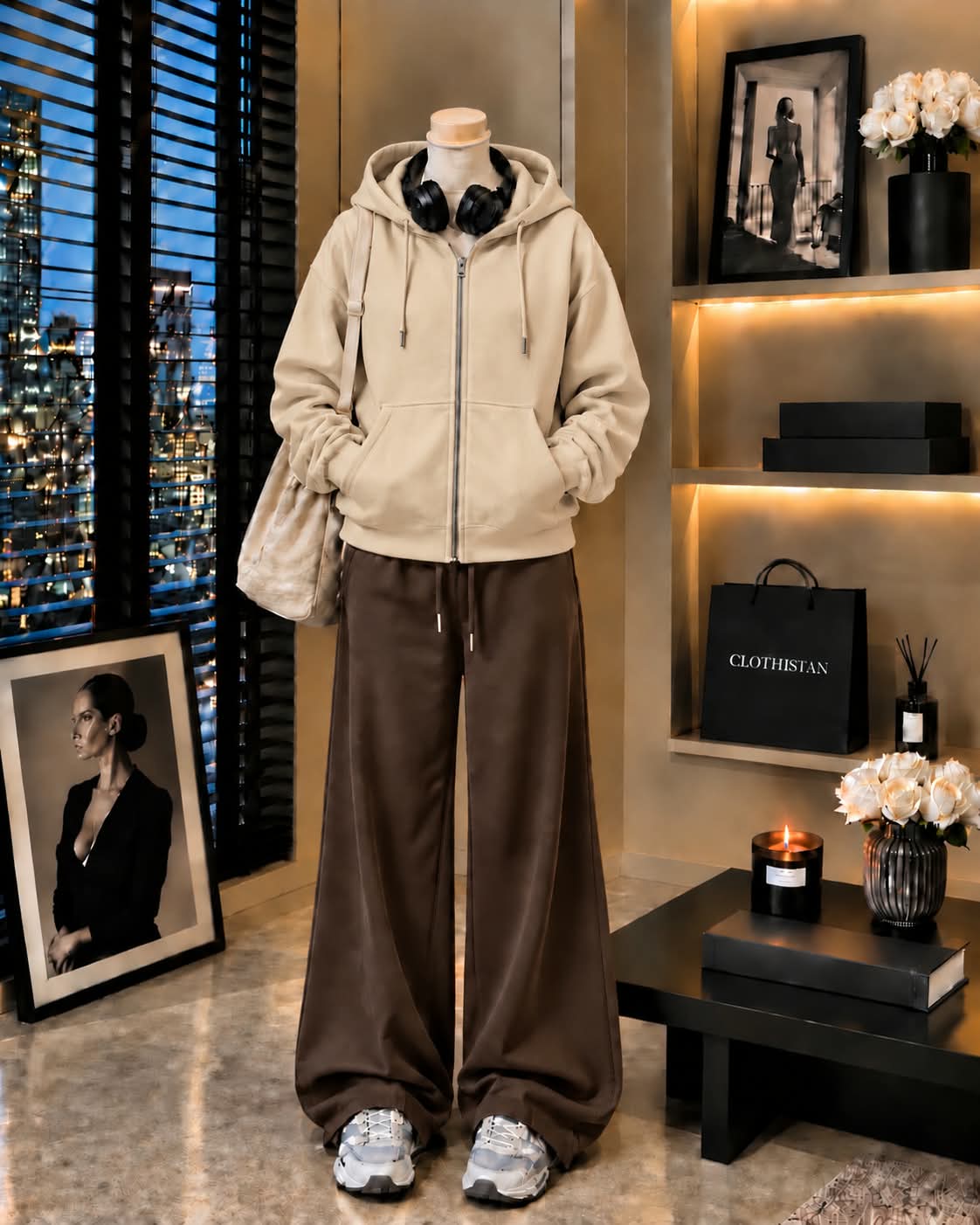 Premium Zipper Hoodie & Brown Wide-Leg Trouser Pack of Two