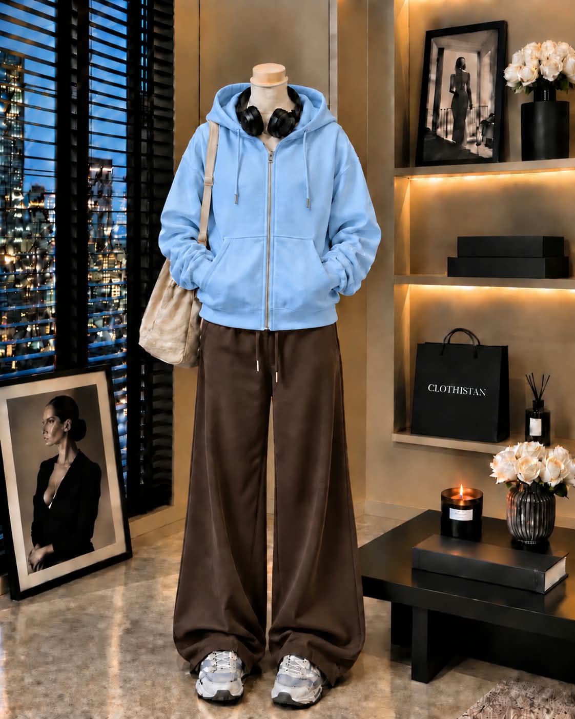 Premium Zipper Hoodie & Brown Wide-Leg Trouser Pack of Two