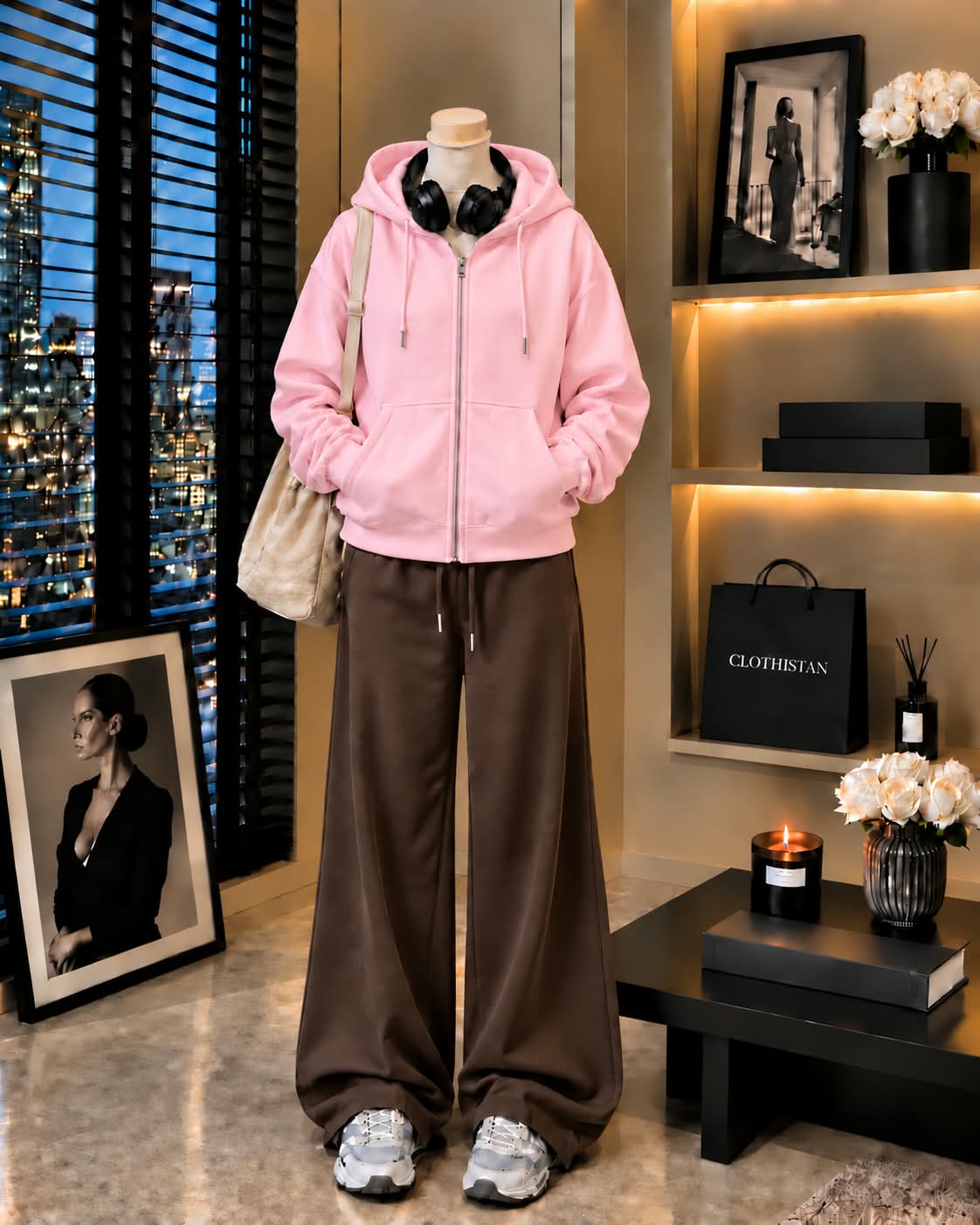 Premium Zipper Hoodie & Brown Wide-Leg Trouser Pack of Two