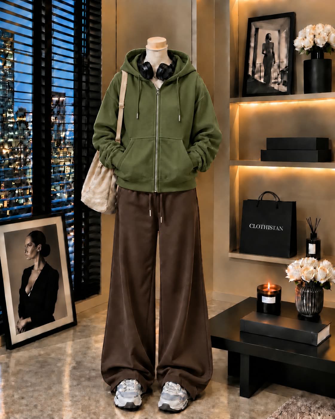Premium Zipper Hoodie & Brown Wide-Leg Trouser Pack of Two