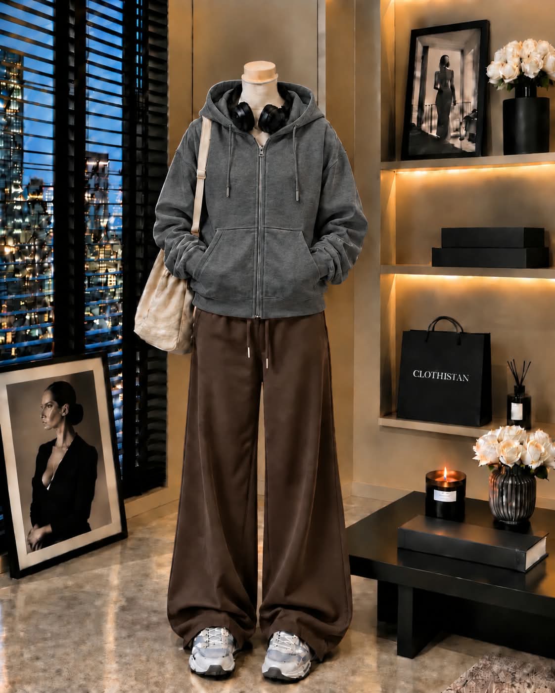 Premium Zipper Hoodie & Brown Wide-Leg Trouser Pack of Two