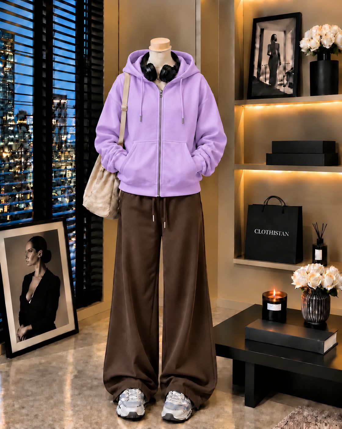 Premium Zipper Hoodie & Brown Wide-Leg Trouser Pack of Two