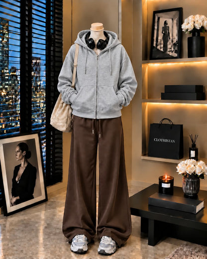 Premium Zipper Hoodie & Brown Wide-Leg Trouser Pack of Two