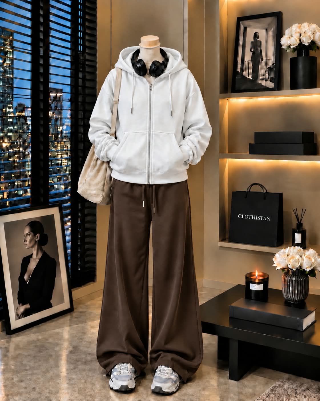 Premium Zipper Hoodie & Brown Wide-Leg Trouser Pack of Two