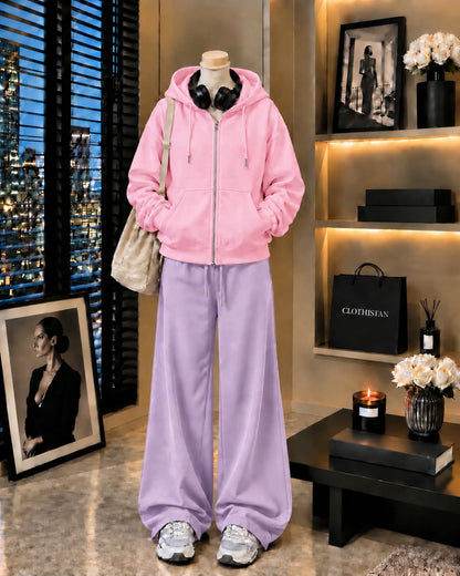 Premium Zipper Hoodie & Lilac Wide-Leg Trouser Pack of Two