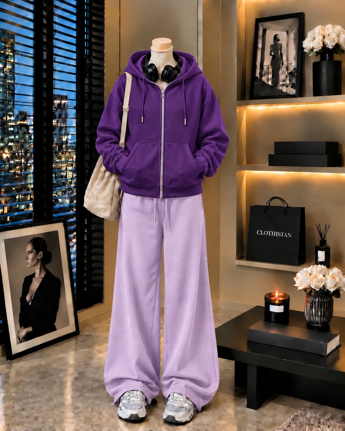 Premium Zipper Hoodie & Lilac Wide-Leg Trouser Pack of Two
