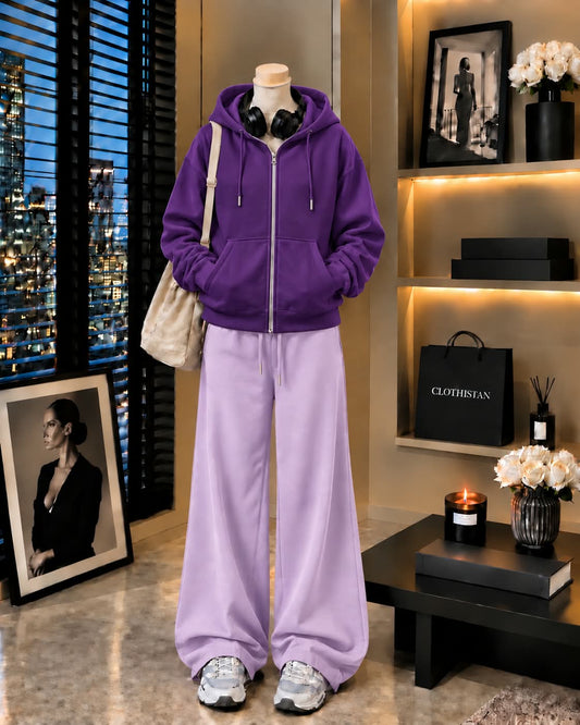 Premium Zipper Hoodie & Lilac Wide-Leg Trouser Pack of Two