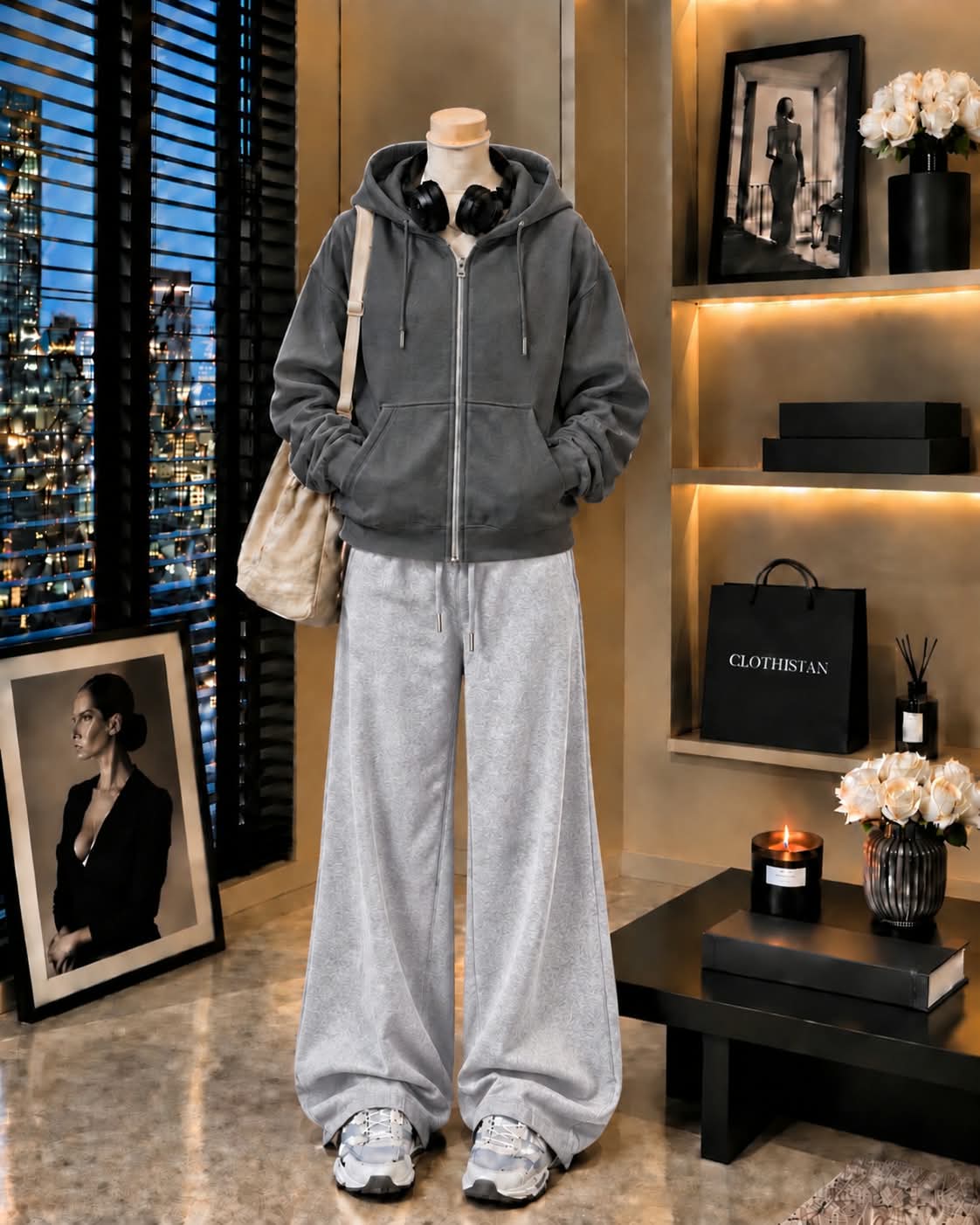 Premium Zipper Hoodie & Grey Wide-Leg Trouser Pack of Two