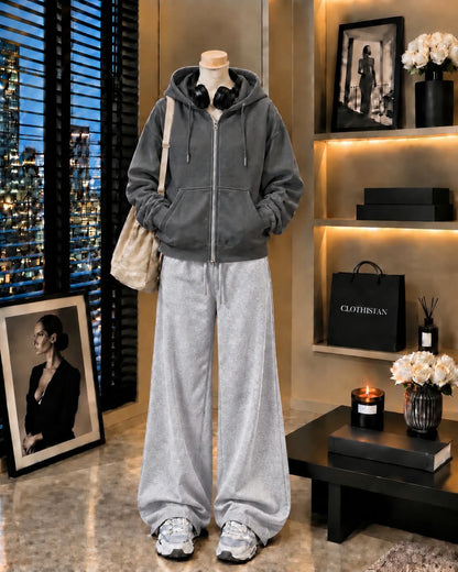Premium Zipper Hoodie & Grey Wide-Leg Trouser Pack of Two